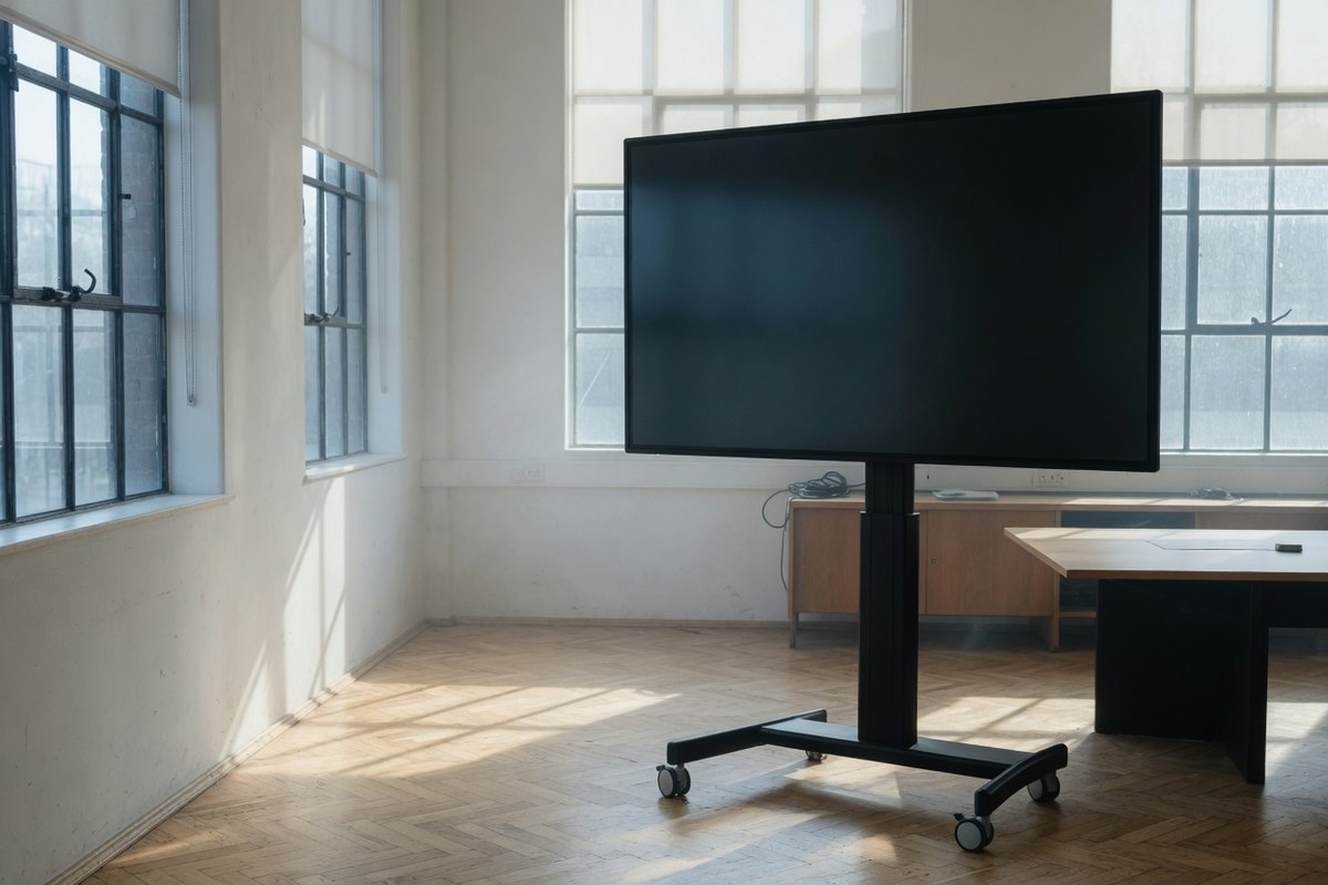 Groot scherm op een verrijdbaar statief in een lege zaal, ochtendlicht
